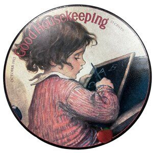 At School from Good Housekeeping Tin Canister Little Girl Writing Alphabet Octob